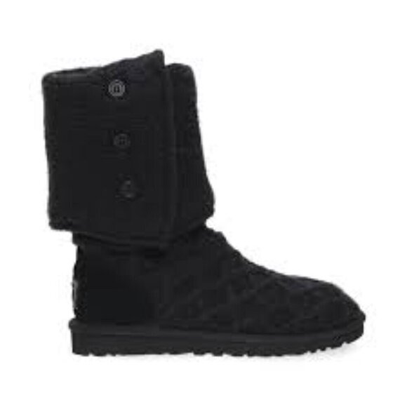 Ugg Classic Black Knit Lattice Cardy 3 Button Winter Fold Over 7 Tall Boots - Picture 1 of 9